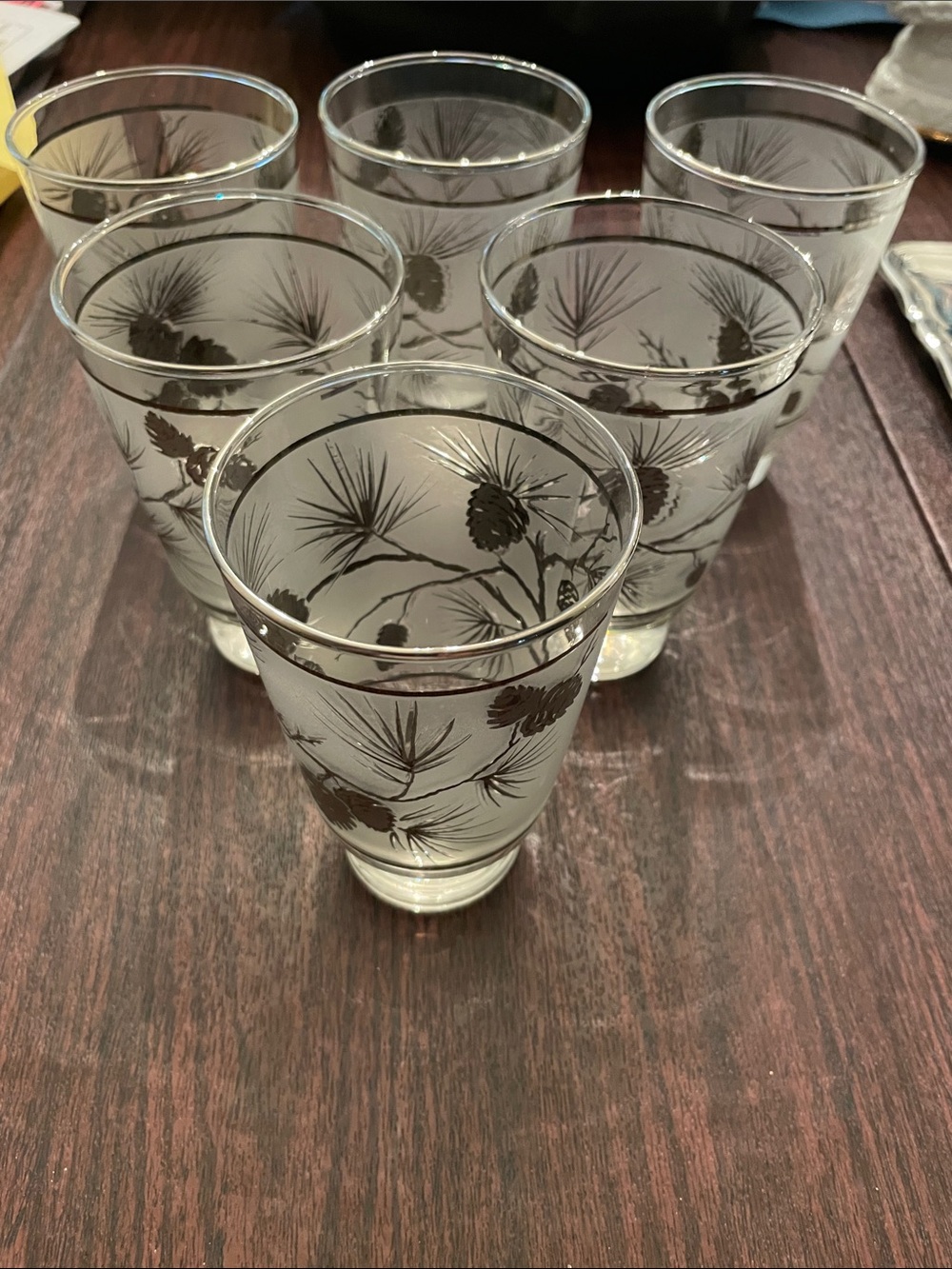 Vintage Set of 6 Frosted Glass Tumblers with Silver Pinecone Design